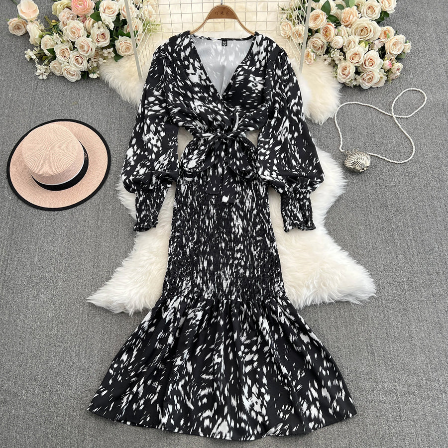 Retro Sweet V Neck Slim Lace -up Print Autumn Summer Elegant Elastic Dress A-line Long Sleeve Vacation Women Mermaid Dresses