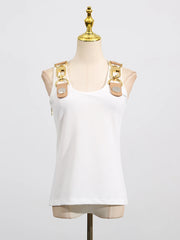 Square neck, sleeveless, patchwork top with high quality metal buckle