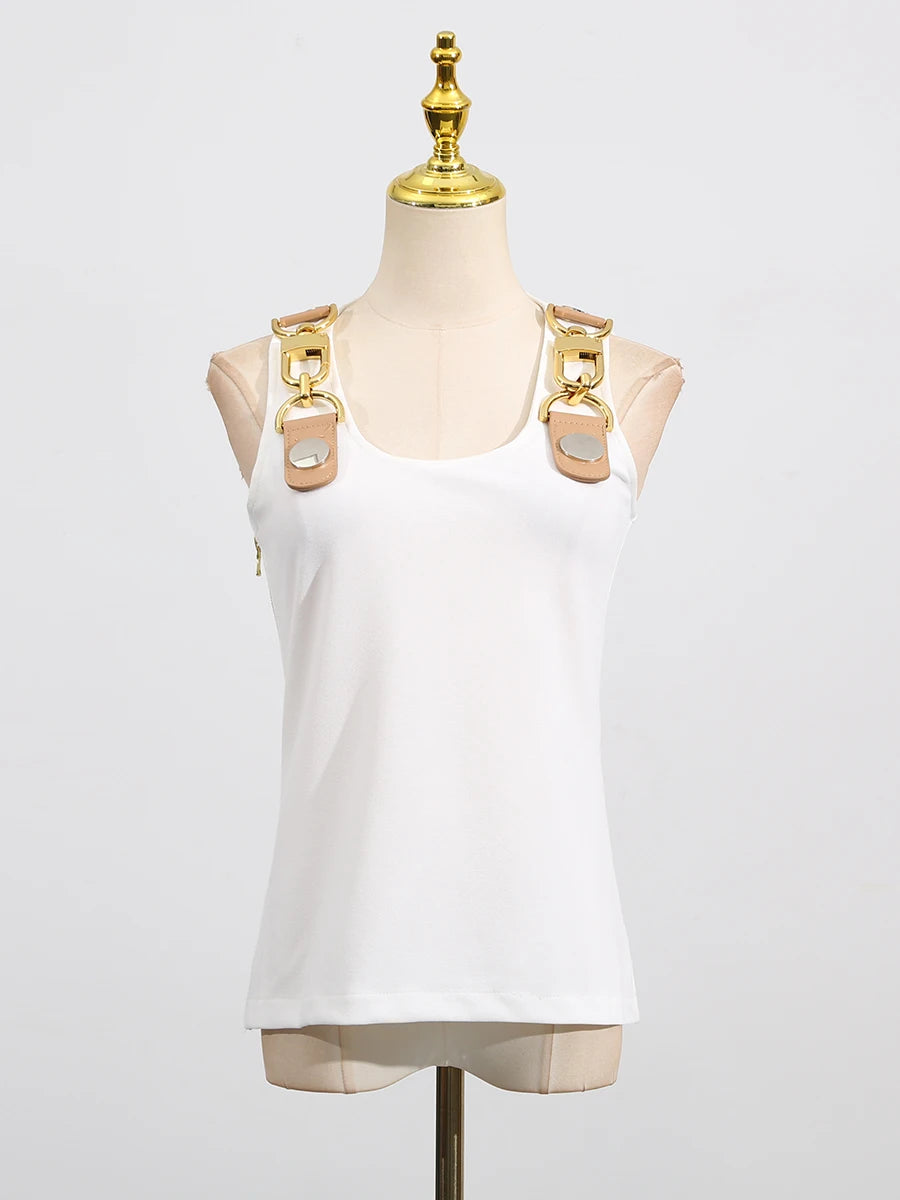 Square neck, sleeveless, patchwork top with high quality metal buckle