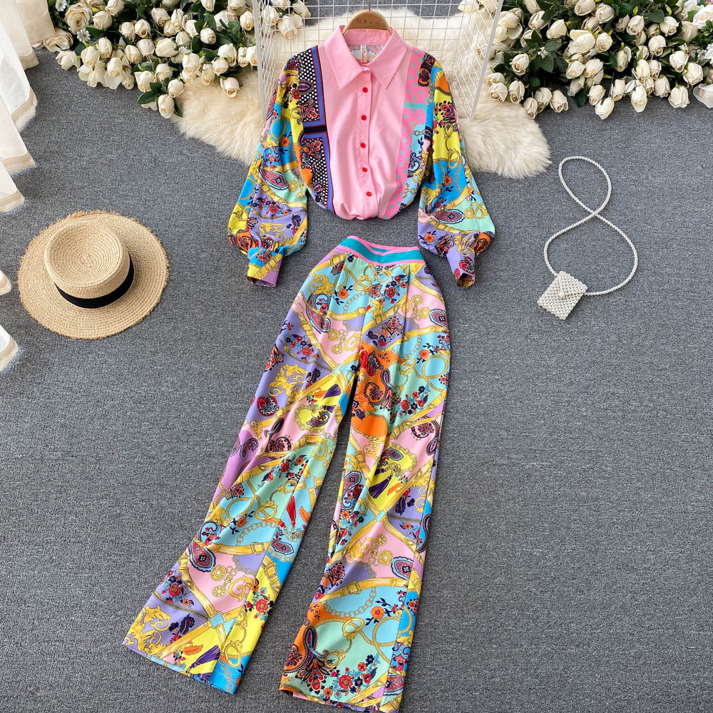 2 Piece Set Print Long Sleeve Button Down Shirt + High Quality Full Length Pant