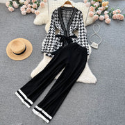 Two Piece Sets V-neck Bowknot Sweater Top + High Waist Draped Long Pants