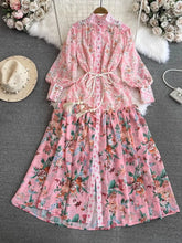 High Neck Long Flare Sleeve Belted High Quality Flower Dress