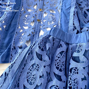 Summer Embroidery Maxi Dress Two Piece Set Women Blue Hollow Lace Long Sleeve Blouse Shirts 3pcs Sets Elastic Waist Skirts Suits