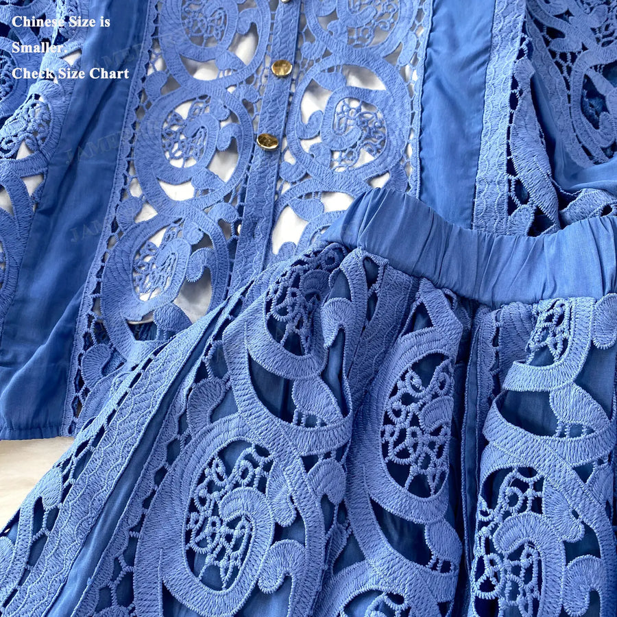 Summer Embroidery Maxi Dress Two Piece Set Women Blue Hollow Lace Long Sleeve Blouse Shirts 3pcs Sets Elastic Waist Skirts Suits