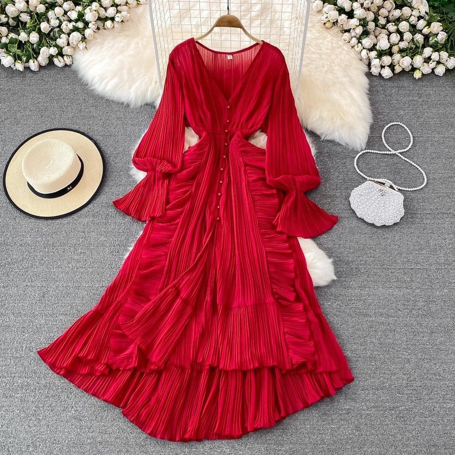 High Quality Ruffled Irreful Hem Elegant French Style Solid Striped Open Stitch Dress