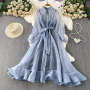 Fashion Temperament Bandage Slim Waist Dress Fairy Gauze Ruffled Long Robe Turn-down Collar Single Breasted Diamonds Vestidos