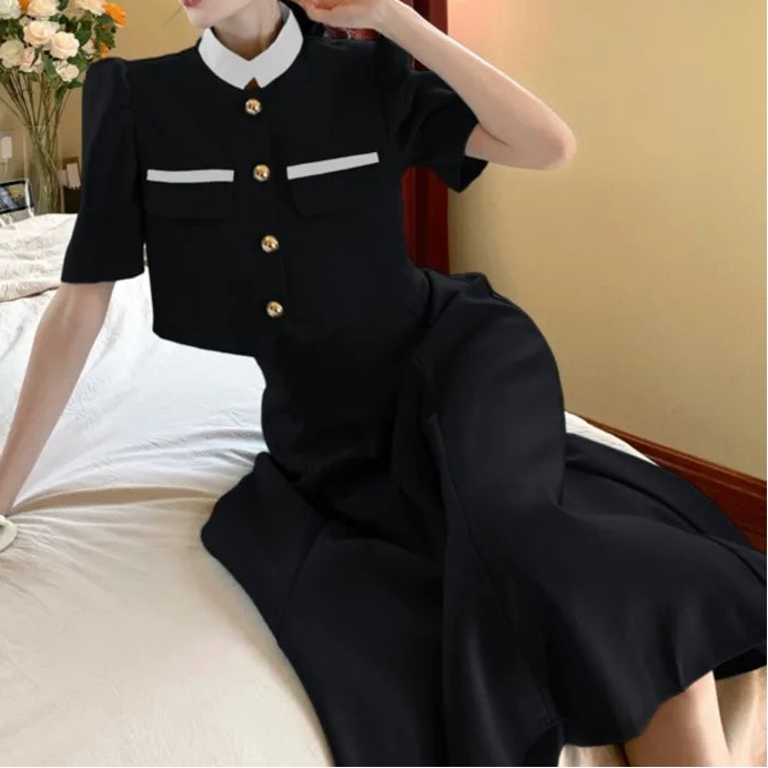 Two Piece Sets Womens Outifits Puff Sleeve Korean Fashion Elegant Summer Sweet Crop Top High Waist  A-Line Long Skirt Office