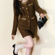 Elegant slimming high waist beaded coat and short flared skirt two-piece set