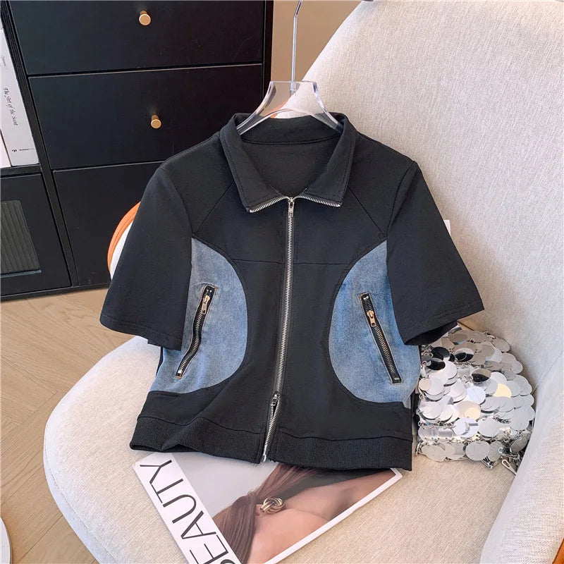 2024 Summer New Stitched Zipper T-shirt top Female Set Elegant Women's Jeans Casual Blouse Two Piece Set Ladies Tracksuits big