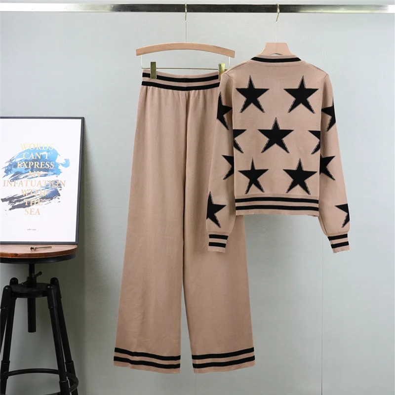 2 Piece Set Knitted Pants O-Neck Long Sleeve Short Cardigan+Wide Leg Casual Elegant Pants High Quality