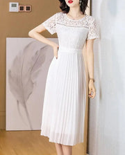 High quality round neck short sleeve solid white dress