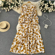 High Quality Multi Colors V Neck A-Line Floral Long Sleeve Dress