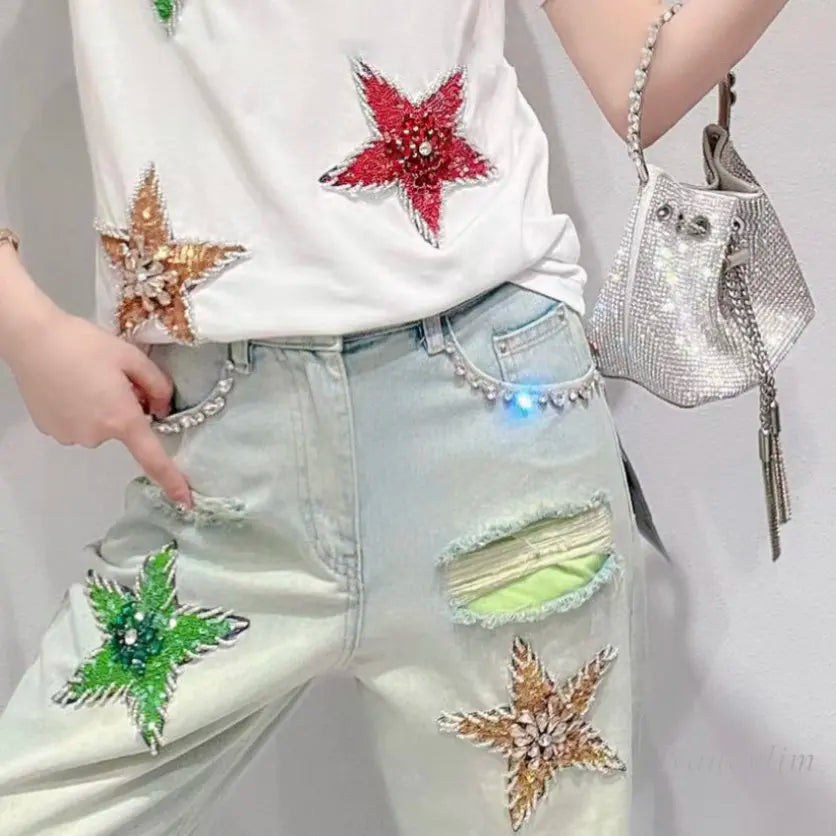 Design Sense Exquisite Rhinestone Five-pointed Star Short-Sleeved T-shirt for Women Summer New Loose Embroidered Tops Tees