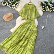 Luxury Long Dresses 2 Piece Sets Women Summer Holiday Hollow Out Crop Tops Elastic Waist Maxi Skirts Suits A Line Party Vestidos