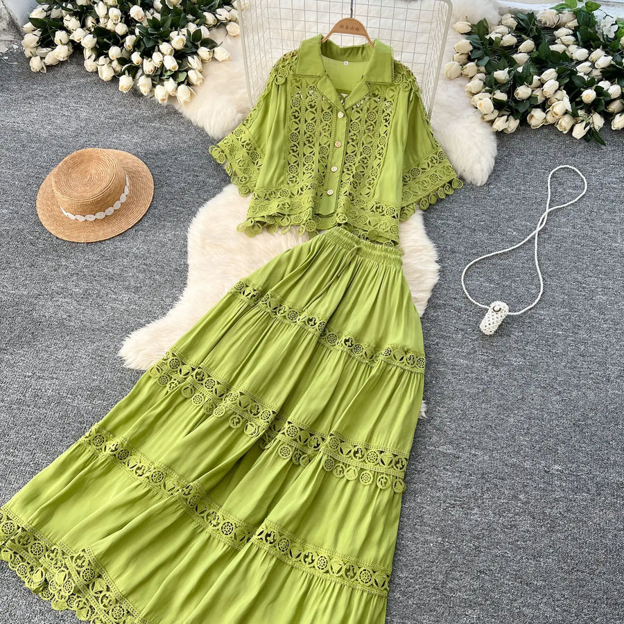 Luxury Long Dresses 2 Piece Sets Women Summer Holiday Hollow Out Crop Tops Elastic Waist Maxi Skirts Suits A Line Party Vestidos