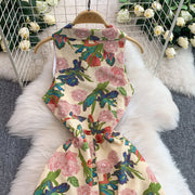 Elegant Vintage Office Long Dress Women Summer V Neck Sleeveless Print Floral Luxury Dress Evening Party Birthday Dresses