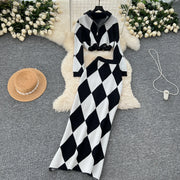 American Fashion Warm Suits Women Lapel Neck Zipper Tops+High Elastic Skinny Skirt Plaid Streetwear Two Pieces Sets