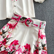 Fashion Spring Runway 2 Piece Sets For Women Turn Down Collar Floral Print Blouse And Shorts Suit Office Lady Outfits