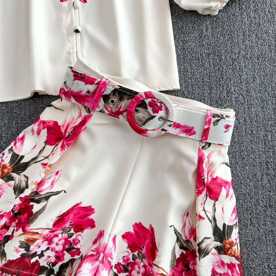 Fashion Spring Runway 2 Piece Sets For Women Turn Down Collar Floral Print Blouse And Shorts Suit Office Lady Outfits