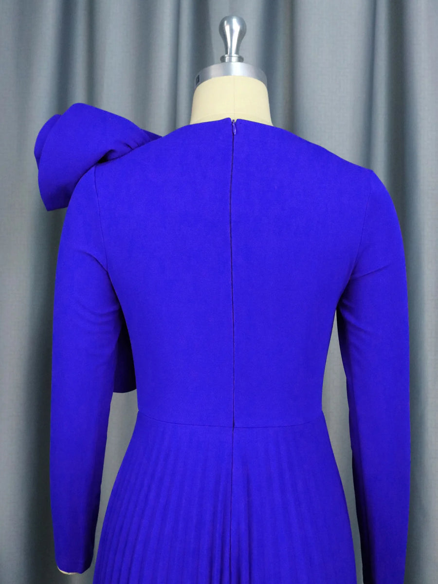 Elegant long sleeve pleated dress in blue, green, pink high quality