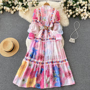 High Quality Belted Lantern Sleeve High Neck Flower Print Dress