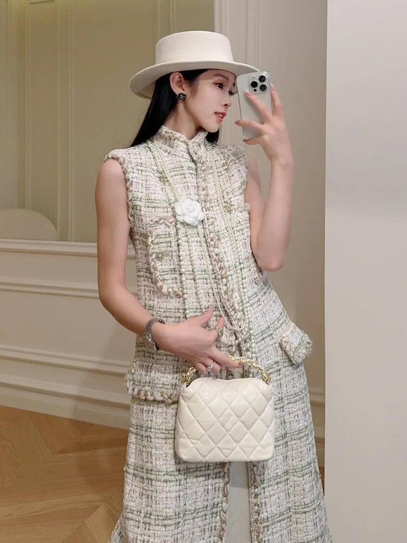 Autumn Winter Fashion Women Maxi Long Tweed Jacket Stand Collar Sleeveless Coat Wide Waisted Party Jacket Elegant Lady Designer