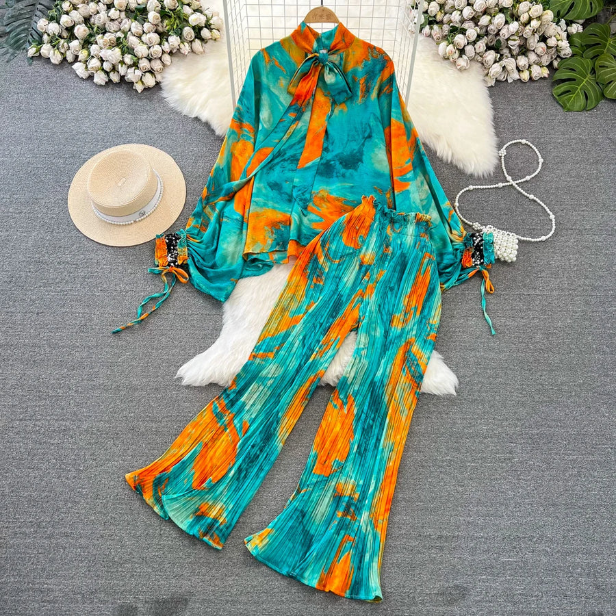 Elegant two-piece set pleated summer chiffon shirt + high-quality floral print pleated wide-leg pants