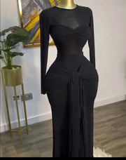 High Quality Nightclub Long Sleeve Bow Sheer Mesh Maxi Dress
