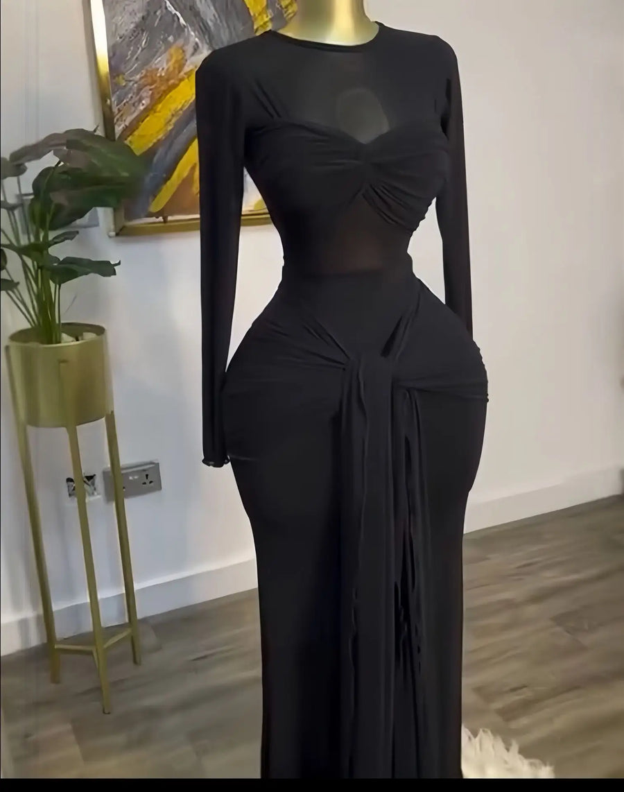 High Quality Nightclub Long Sleeve Bow Sheer Mesh Maxi Dress