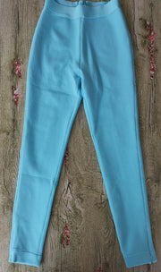 Luxury Ruffle Blue Bandage Sets with High Waist Skinny Pants