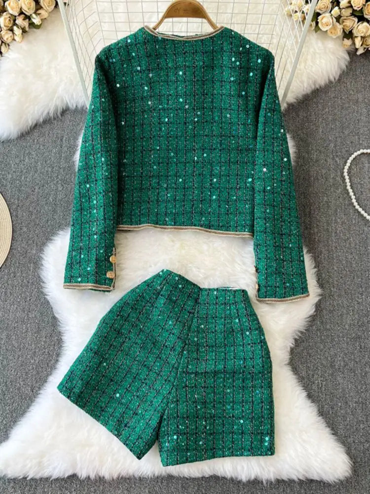 Two Piece Set Luxury Plaid Sequin Tweed Jacket+High Waist Shorts