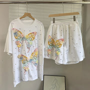 Fashion Butterfly Floral Beading Women's Set T-shirt and Shorts  Summer Active Two 2 Piece Sets Outfit Tracksuit