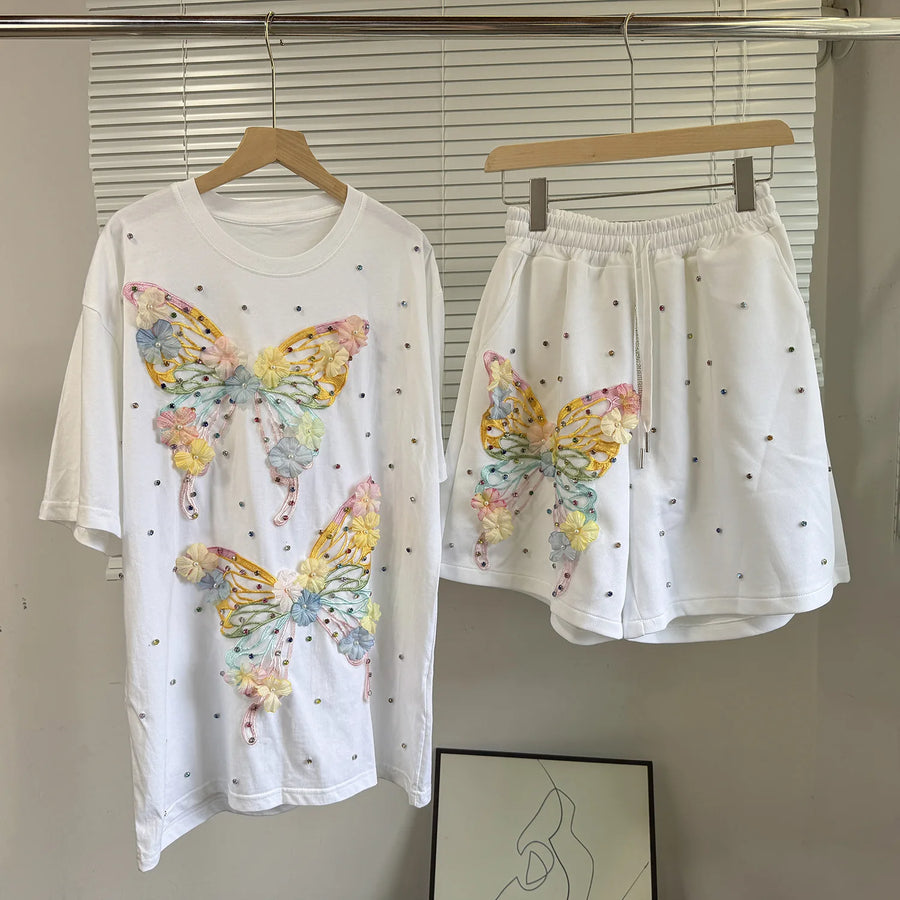 Fashion Butterfly Floral Beading Women's Set T-shirt and Shorts  Summer Active Two 2 Piece Sets Outfit Tracksuit