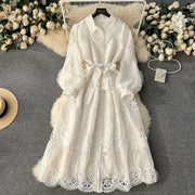 Long sleeve openwork design embroidered belt ruched waist high quality A-line maxi dress