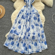 Women's long floral dress with thin straps, sleeveless, elastic, ruched with high-quality print