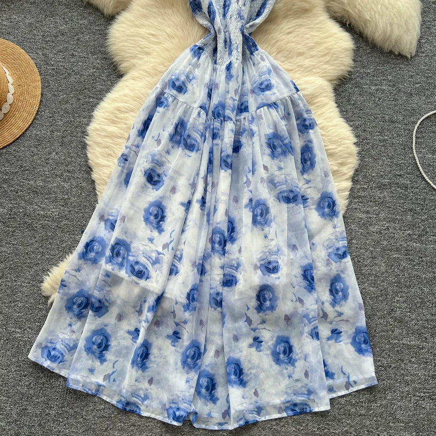 Women's long floral dress with thin straps, sleeveless, elastic, ruched with high-quality print