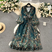 High quality vintage floral prints V-neck elegant long dress