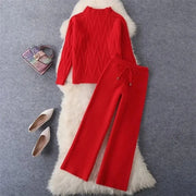 2 Piece Sets Knitted Tops Knitted Suit Wide Leg Pants High Quality