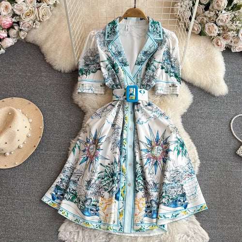 High Quality Leaf Print Puff Sleeve Dress with Notched Neck and Single Breasted Belt