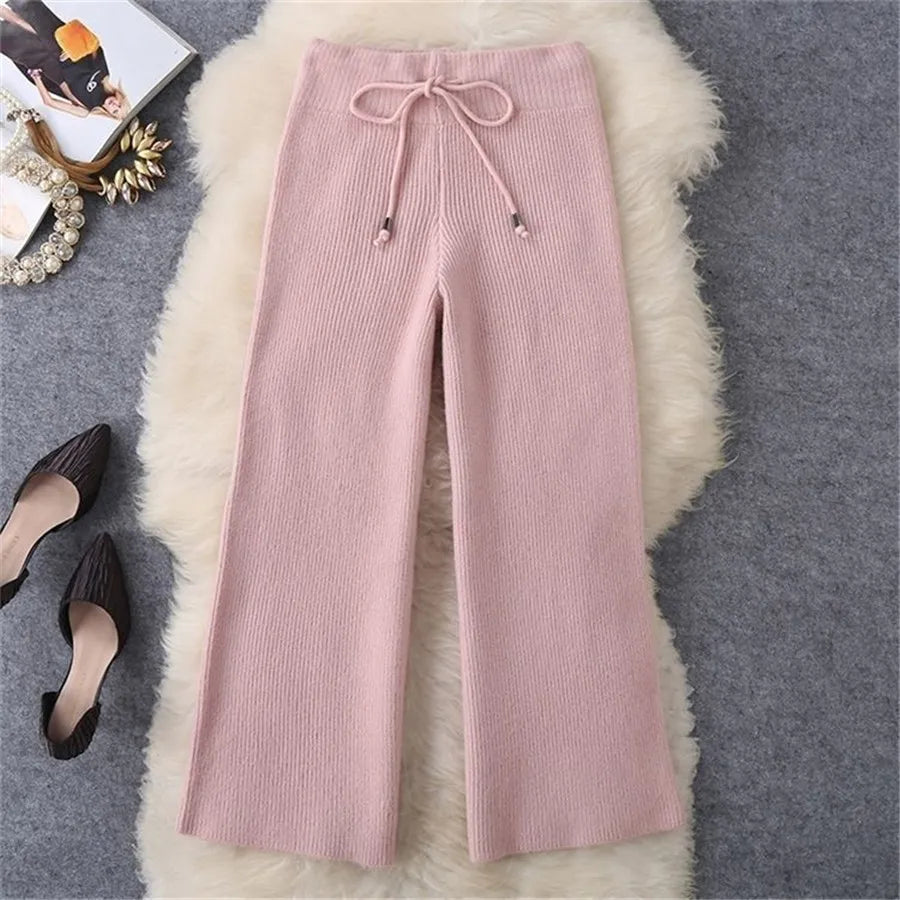 2 Piece Sets Knitted Tops Knitted Suit Wide Leg Pants High Quality