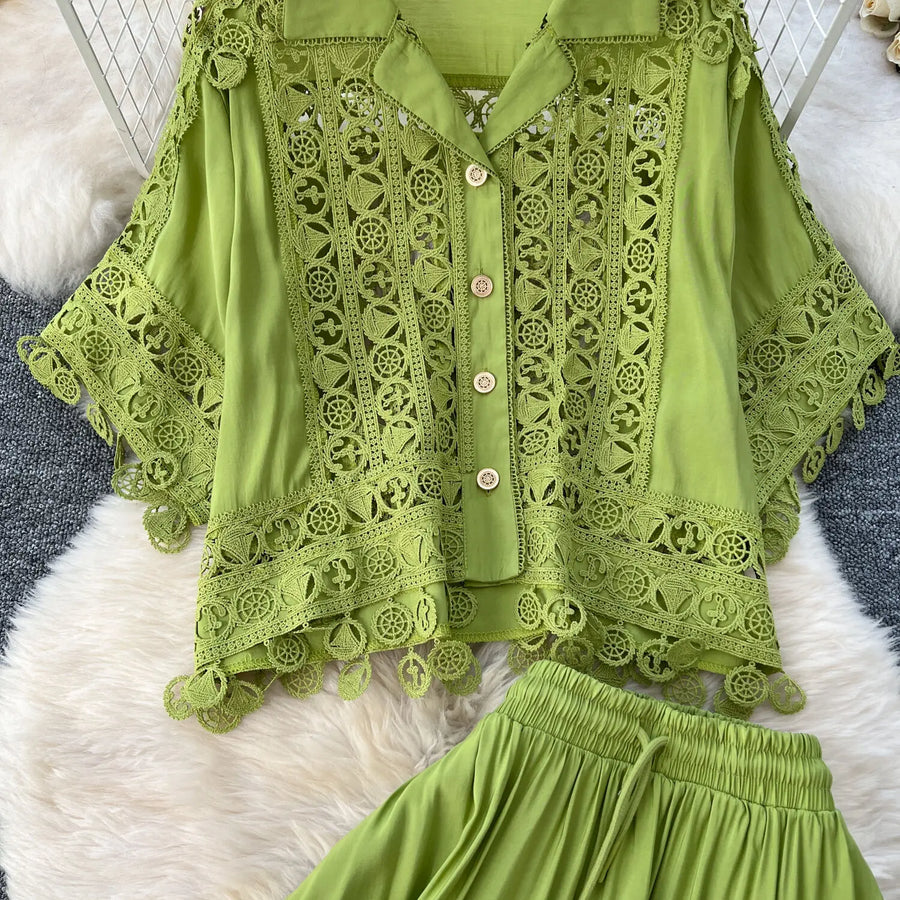 Luxury Long Dresses 2 Piece Sets Women Summer Holiday Hollow Out Crop Tops Elastic Waist Maxi Skirts Suits A Line Party Vestidos