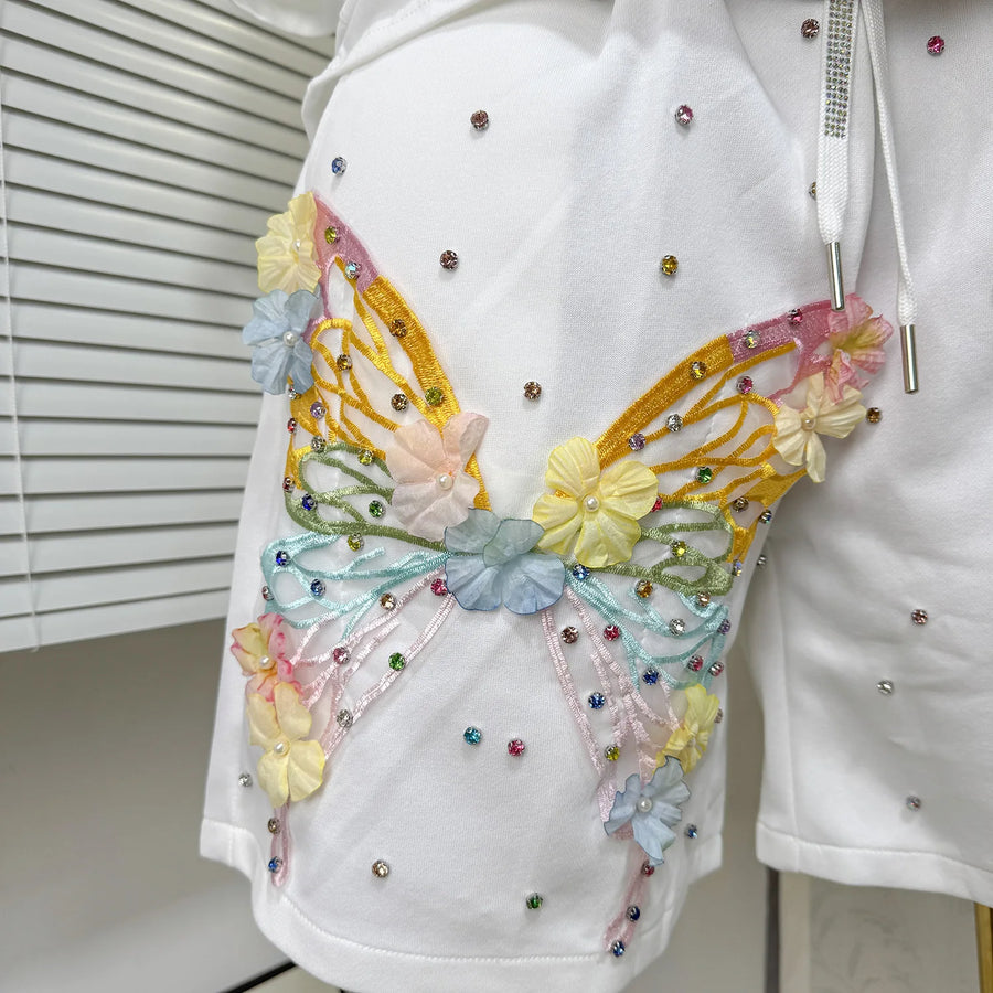 Fashion Butterfly Floral Beading Women's Set T-shirt and Shorts  Summer Active Two 2 Piece Sets Outfit Tracksuit