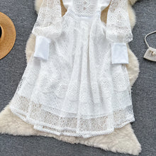 High quality elegant long plain cut French lace dress with flared sleeves