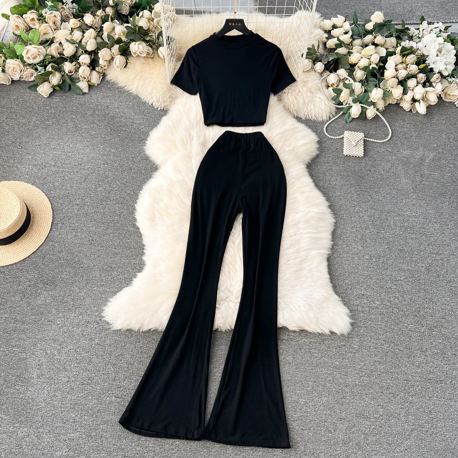 2 Piece Sets High Quality Skinny Crop Tops + Long Flare Pants