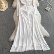 Celebrities Metal Buckle Square Collar with Chest Pad Dress Women's High-end Lace Splicing Mesh Yarn Streamer Elegant Long Dress