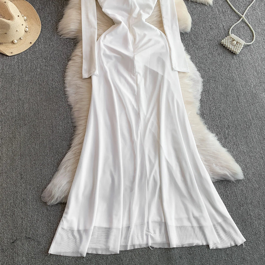 Celebrities Metal Buckle Square Collar with Chest Pad Dress Women's High-end Lace Splicing Mesh Yarn Streamer Elegant Long Dress