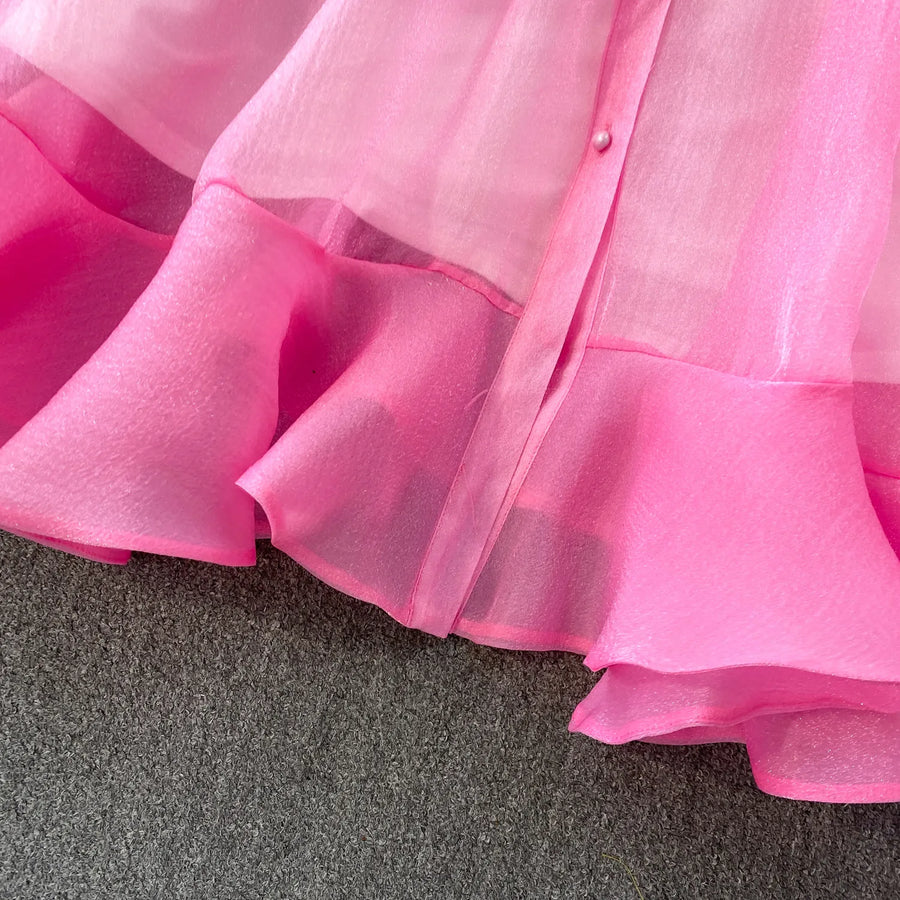 Fashion Temperament Bandage Slim Waist Dress Fairy Gauze Ruffled Long Robe Turn-down Collar Single Breasted Diamonds Vestidos