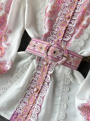 Spring New Lace Trim Printed Pattern Long-sleeved Shirts + High Waist Belted Shorts Women 2pcs Fashion Suits