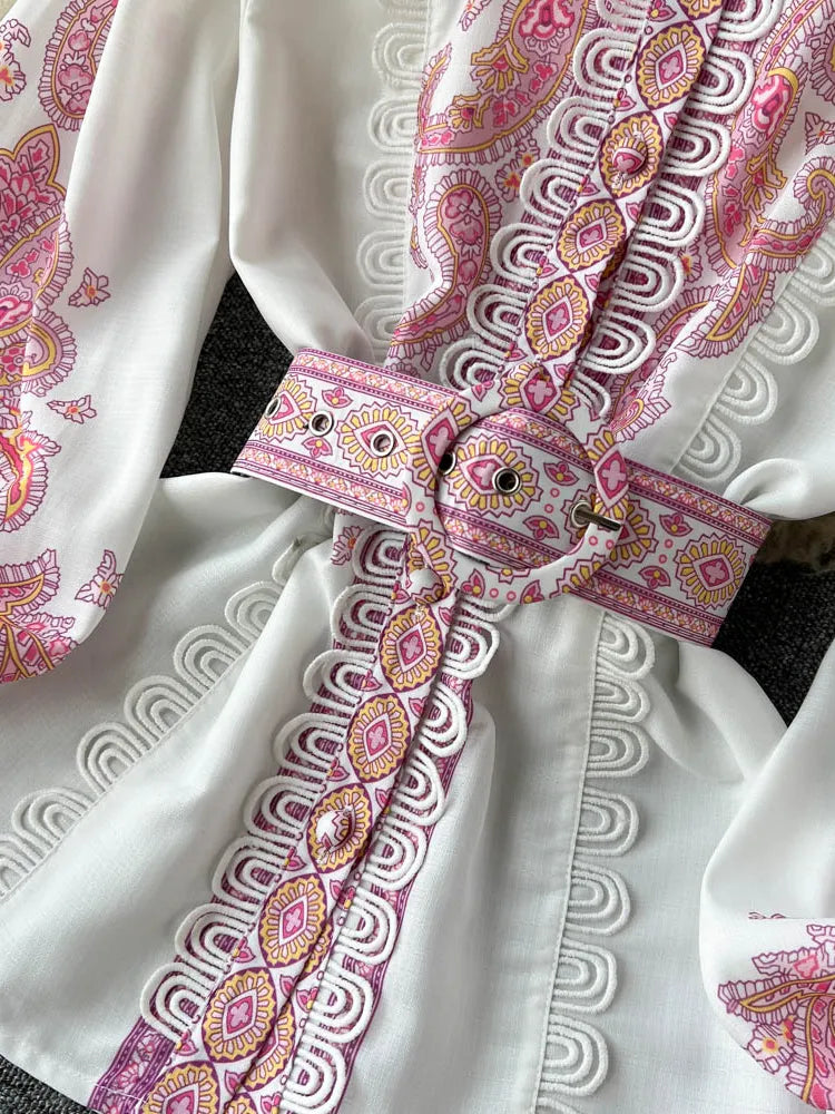 Spring New Lace Trim Printed Pattern Long-sleeved Shirts + High Waist Belted Shorts Women 2pcs Fashion Suits