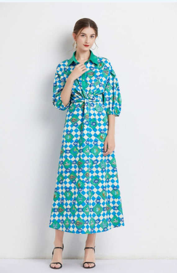 High Quality Three Quarter Sleeve Square Print Long Dress